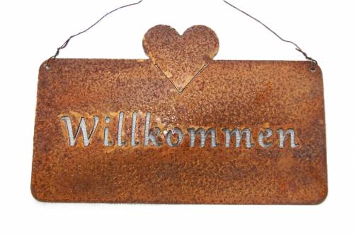 Schild aus Metall/Rost mit Spruch Willkommen