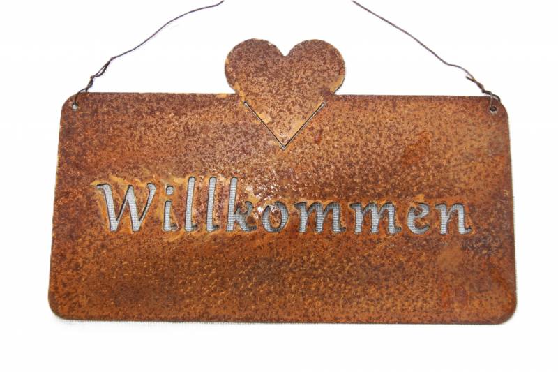 Schild aus Metall/Rost mit Spruch Willkommen